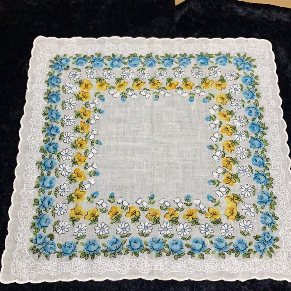 Vintage -Jeou D’ Orey- Hankie- 11  x  11 1/2”-Blue/Yellow Flowers
